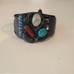 Sterling Silver Cuff with Turquoise, Coral and Mother of Pearl